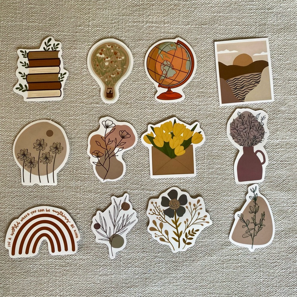Neutral Floral & Nature Sticker Pack of 12 - Assorted Beige, Brown, Yellow